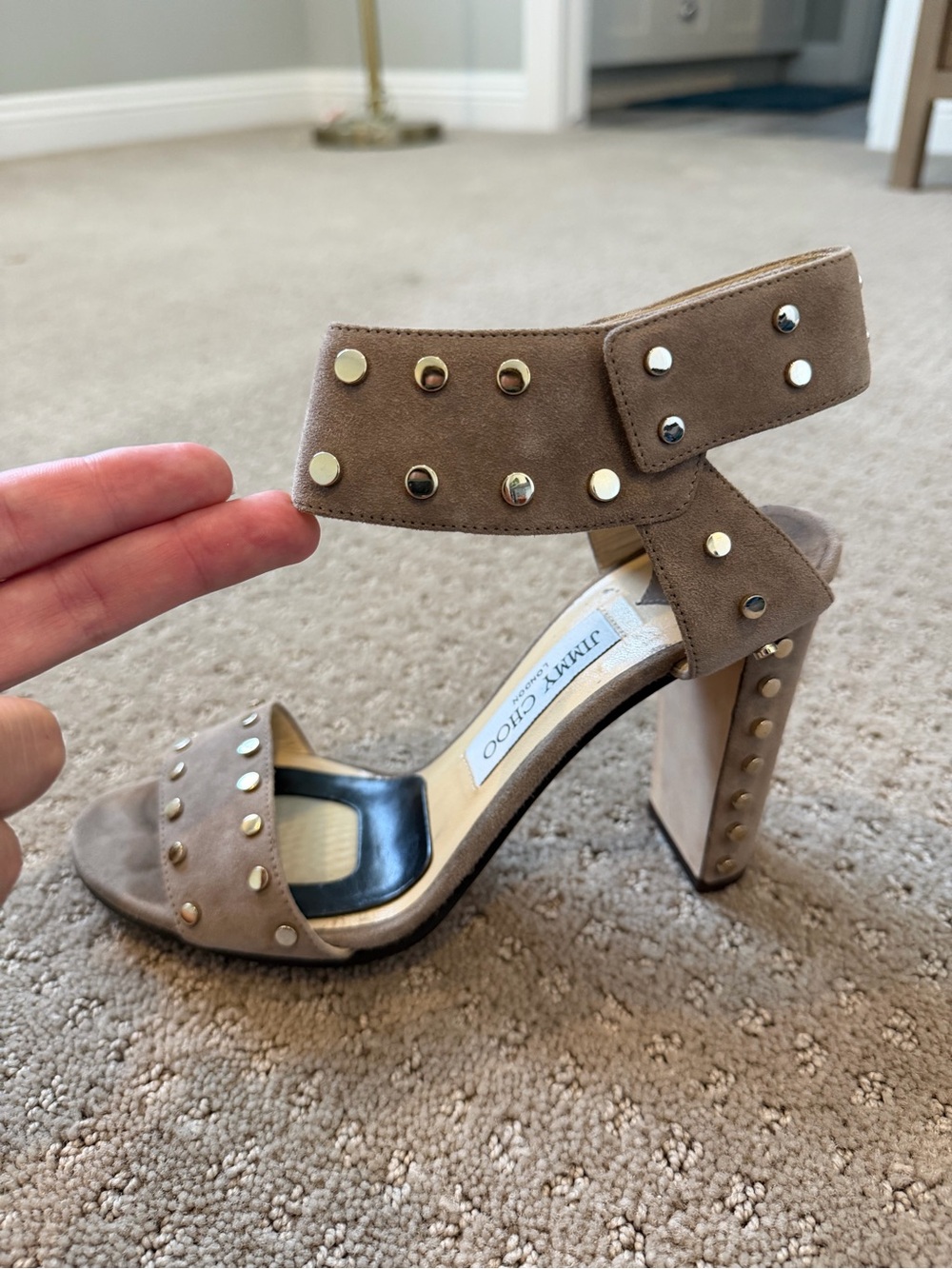 Jimmy Choo Taupe Suede Studded Block Heel Sandals